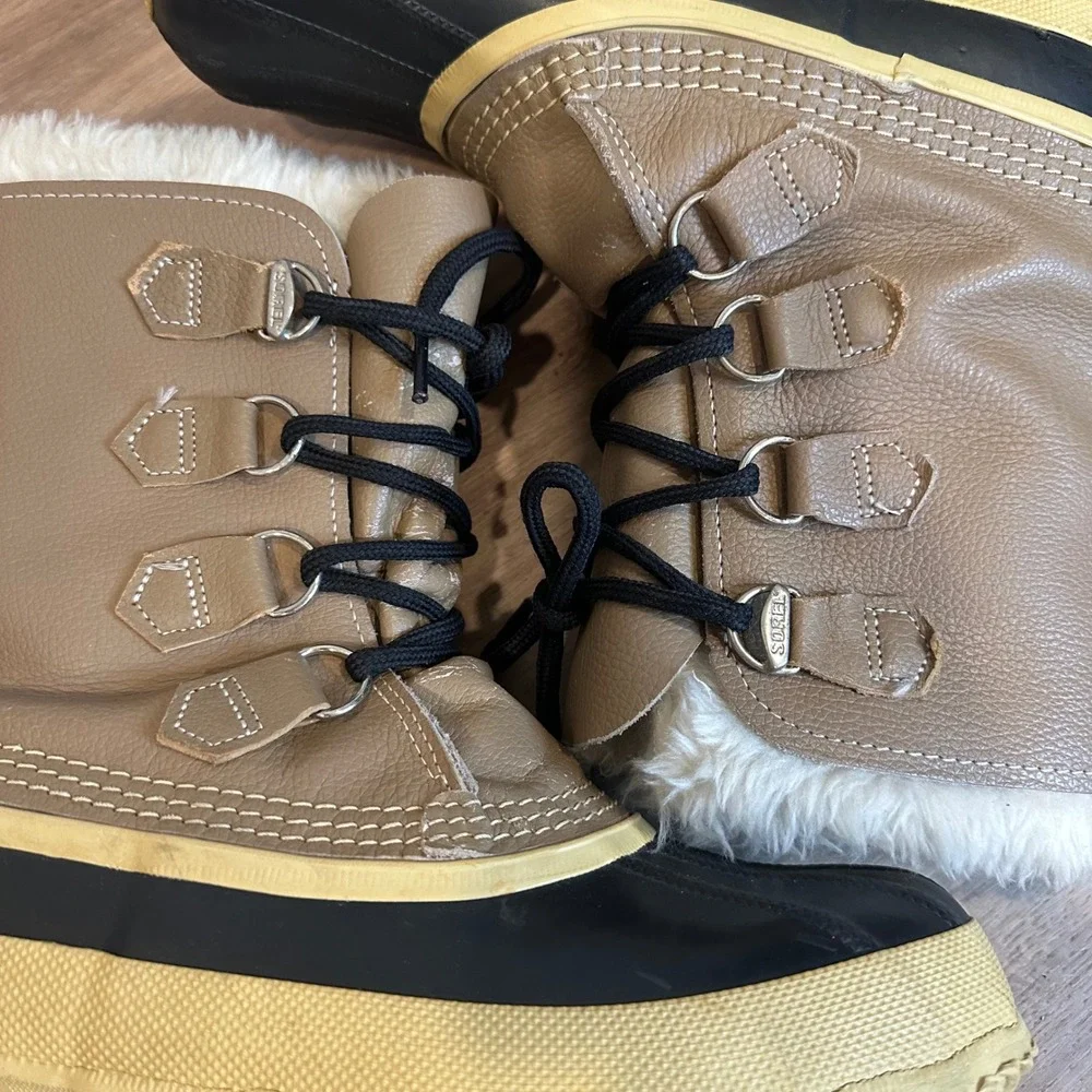 Sorel‎ Caribou Snow Boots Women 9 Tan Leather Waterproof Winter Duck Boots VTG